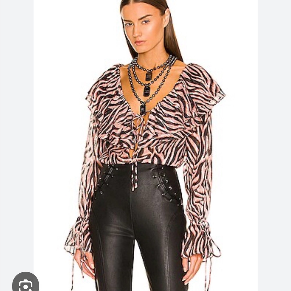 DUNDAS X REVOLVE Ruffled Deep V Neck Lana Blouse Pink & Black Zebra Stripe Small